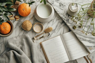 Wellness and self-care setting with diary, organic skincare products, and fresh oranges on marble surface. Flat lay composition for beauty routine and healthy lifestyle design and print