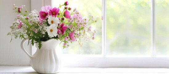 An elegant vase filled with gorgeous flowers sitting on a serene window sill