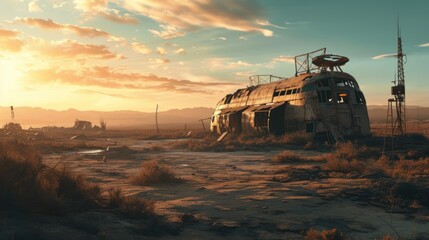 An old, rusted bus sits in the middle of a desert at sunset. The sky is blue with clouds and the sun is orange. There are mountains in the distance.