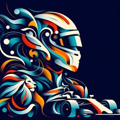 Abstract image of F1 driver  with car & lion 