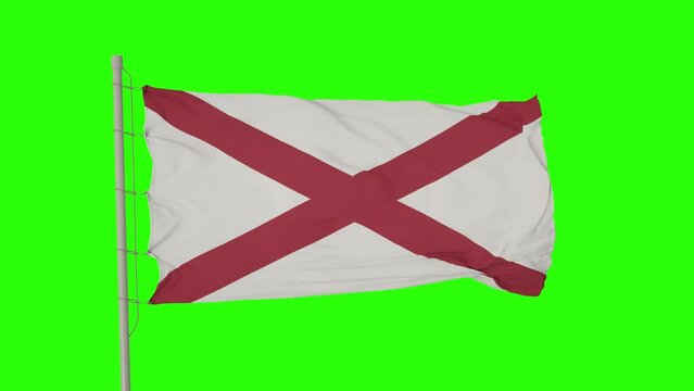 Flag of Alabama on Green Screen. Isolated flag of United States Alabama on flagpole fluttering in wind