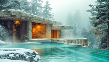 Secluded Hot Spring Pool by Snow-Covered Pines in Misty Winter Forest Alaskan. Luxury and relaxation spa Alaskan wilderness