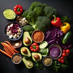 Assortment of colorful fresh vegetables and healthy ingredients on dark background