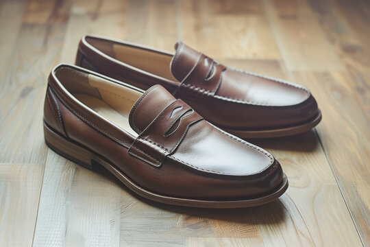 Brown men loafer shoes left on wooden parquet in hallway closeup. Classic foot accessories in fashion store. Footgear casual style on floor