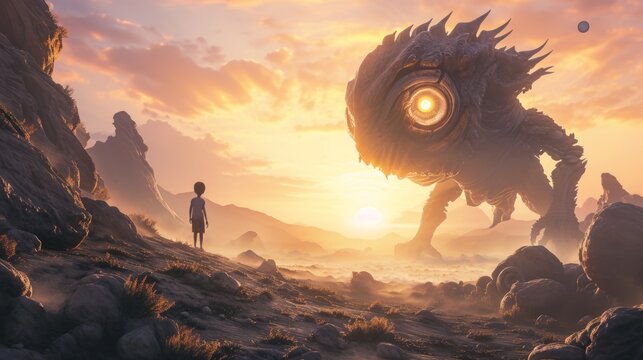 A young boy stands on a rocky hillside, facing a giant monster with a single eye. The sky is a mix of orange and pink, and there are large rocks and the sea in the background.