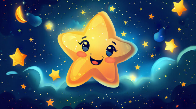 Funny cartoon golden star with a smile and eyes