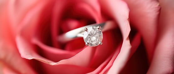 Close up of a diamond ring on a red rose petals. Perfect for jewelry store advertisements or engagement-related content with Copy Space.