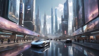 Futuristic Metropolis  With Hovering Cars And Holographic Signage (3)