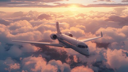 A luxury private jet airplane overflying cloudy skies at sunset