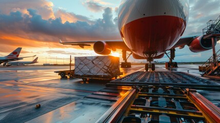 Air cargo logistic containers are loading to an airplane. Air transport shipment prepare for loading to modern freighter jet aircraft at the airport. - obrazy, fototapety, plakaty