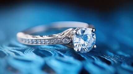 Jewelry diamond ring on a blue background close-up. wedding concept with copy space.