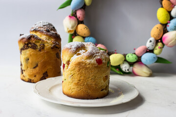 Easter pastries. Krafin garnished with powdered sugar. Holiday Card