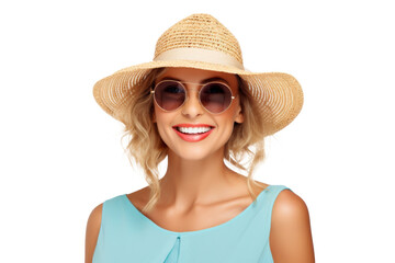 Portrait happy woman with summer holiday beach outfits isolated on transparent background for realax at beach on vacation, travel and holidays vacation concept.