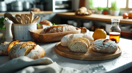 A counter with a variety of loaves of bread on cutting boards.