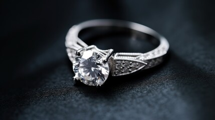 Jewelry diamond ring on a dark background close-up. wedding concept with copy space.