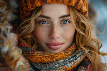 Radiant blue-eyed woman with freckles smiling, wrapped in a colorful scarf and knit hat