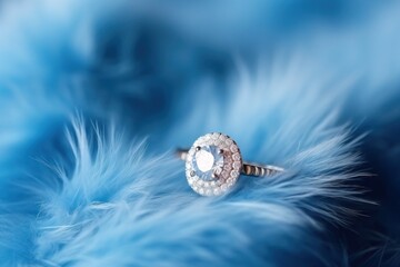 Jewelry ring on blue fur background, closeup. Luxury jewelry. Perfect for jewelry store advertisements or engagement-related content with Copy Space.
