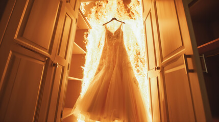 Wedding Dress Being Burned After A Failed Marriage - obrazy, fototapety, plakaty