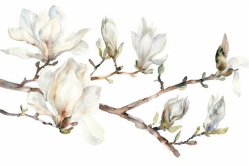 Watercolor illustration of a branch of a blooming Magnolia on a white background, spring flowers
