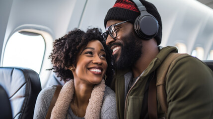 Black young couple travelling by plane, holiday vacation concept. AI Generated content