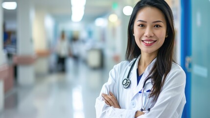 Captivating professionalism: An Asian female medic in a white coat smiles, radiating confidence and warmth in a hospital interior.