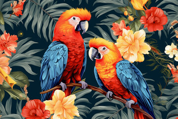 Fototapeta premium Seamless pattern with parrots and acacia flowers bright colors, summer hawaiian style background for fabric, fashion, wallpaper and backdrop