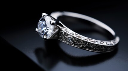 Jewelry ring with diamonds on a black background. Selective focus. Perfect for jewelry store advertisements or engagement-related content with Copy Space.