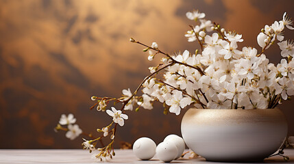 Spring blossom flowers bouquet in vase on table, shadows on wall, copy space - 752499152