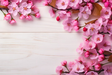 Banner with cherry flowers on light wood background. Greeting card template for wedding, Mother's or Women's day. Springtime composition with copy space. Flat lay, top view