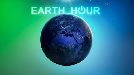 Earth hour 2024 campaign. Turn off your lights for our planet on 60 minutes. Planet Earth at night with cities lights. Elements of this image furnished by NASA
