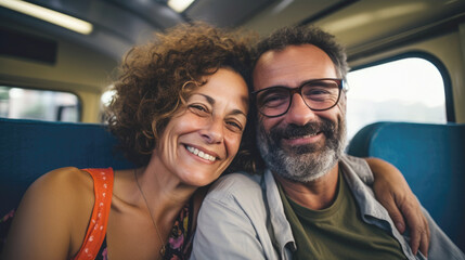 Cheerful mature couple travelling by train, responsible travel concept