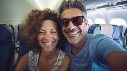 Photo sur Plexiglas Ancien avion Mixed race middle aged couple travelling by plane, holiday vacation concept. AI Generated content