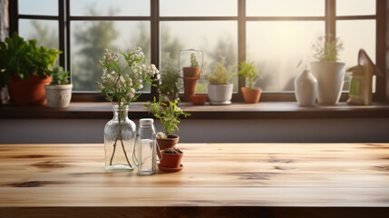Fototapeta na wymiar Empty wooden kitchen table surface mockup, greenery and accessories background, AI Generated content