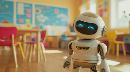 A friendly little robot in a bright elementary school classroom. Harmony of technology and childhood, education