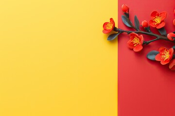Beautiful flowers on bright red and yellow background. Greeting card template for wedding, Mother's or Women's day. Springtime composition with copy space