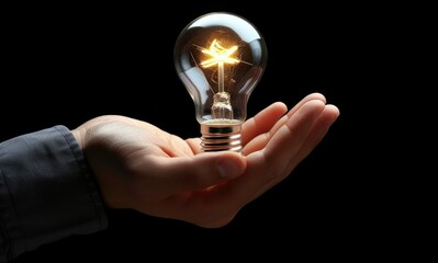 Hand holding a glowing light bulb against a dark background, symbolizing ideas and innovation.