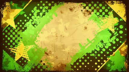 Grunge-style background with stars and halftone dots in green and yellow tones, vintage texture overlay.