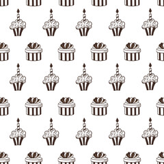 Hand drawn birthday background with  gift box, cake and candle, Seamless pattern in doodle style.