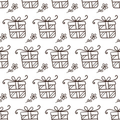 Hand drawn birthday background with gift box. Seamless pattern in doodle style.