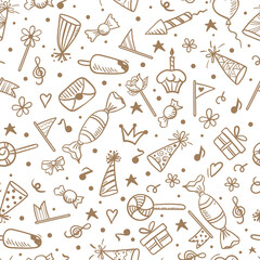 Hand drawn birthday background with cupcake with candle, paper cap, flag and ice cream .  Seamless pattern in doodle style.