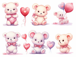 Set of teddy bears and balloon, party, Gifts, cute baby teddy bear. Draw vector illustration collection funny bear with pink heart for valentine's day. Watercolor style