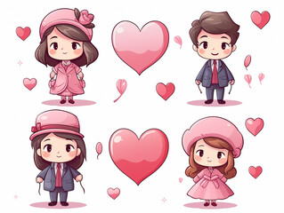 Obraz premium Flat Design Valentine's day Doodle, February 14. Vector illustrations of love, couple, heart, valentine, king, queen, hands, flowers. Drawings for postcard, card, congratulations and poster.