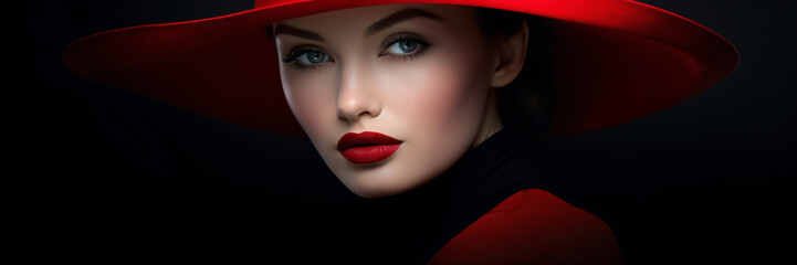 female portrait with red hat, retro lady with lipstick