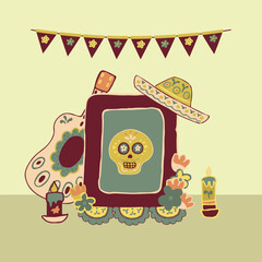 Mexico Dia de Los Muertos Altar with sugar skull and candles. Square frame. Skull, flowers, garlands, flags. Mexican National Holiday Day of the dead. Congratively postcard, banner. 