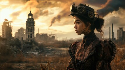 A woman in a steampunk hat and dress looks out over a desolate landscape of smokestacks and ruins.
