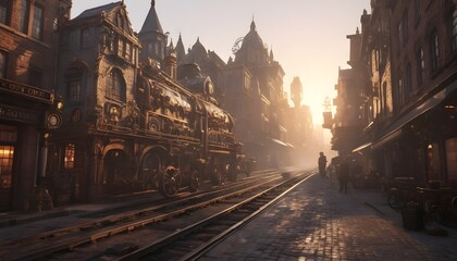 An Intricate Steampunk Cityscape At Sunrise  With Brass Gears And Steam Rising From Cobblestone Streets  All Rendered In Stunning (4) - obrazy, fototapety, plakaty