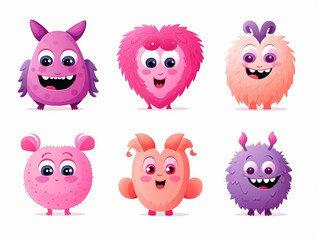 Fototapeta premium Set of cute pink heart cartoon monsters illustration
