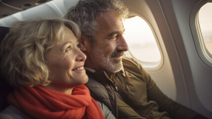Joyful senior couple travelling by plane, holiday vacation concept