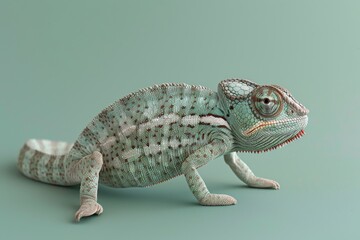 Close-up of a colorful chameleon on a seamless green background