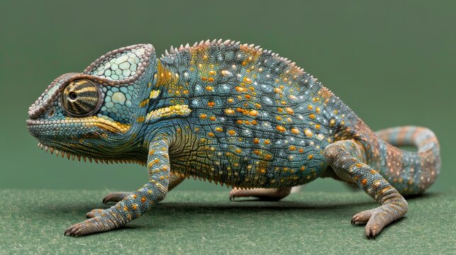 Vibrant chameleon side view posed on a green background with textured scales and piercing eyes